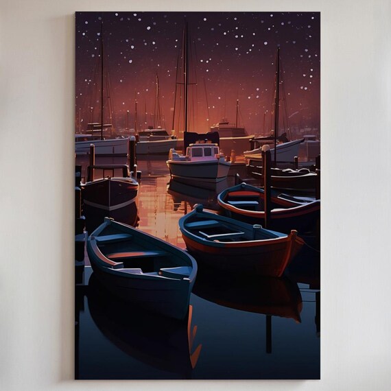 Snowfall Harbor Art Starry Night Boat Canvas Print Or Poster 18