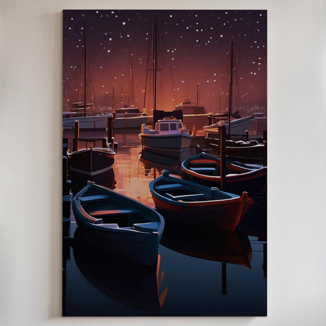 Snowfall Harbor Starry Night Sailboat Winter Marina Painting Wall Art