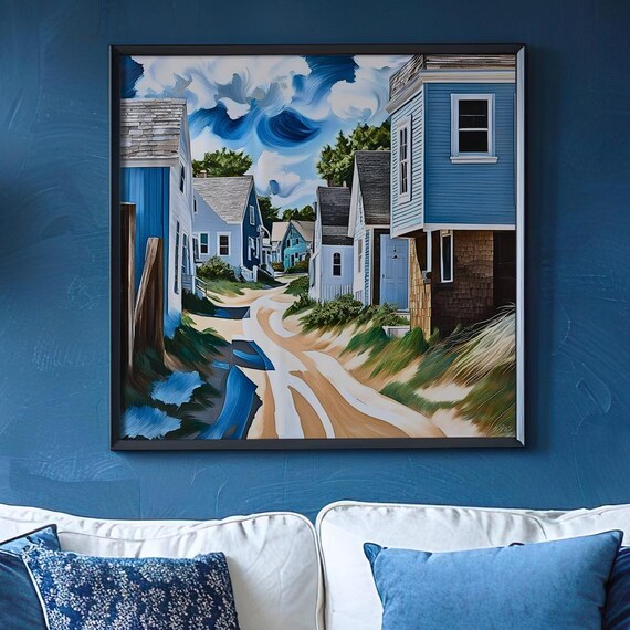 Coastal Cottage Path Painting Blue Seaside Houses Swirling Sky Poster