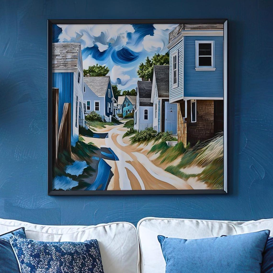 Coastal Cottage Path Painting Blue Seaside Houses Swirling Sky Poster