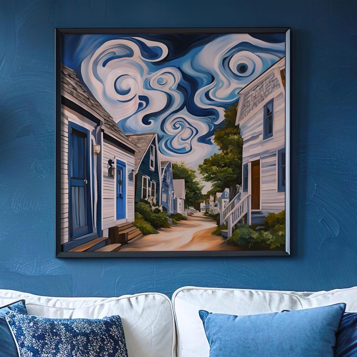 Whimsical Coastal Village Swirling Clouds Charming Street Art Poster