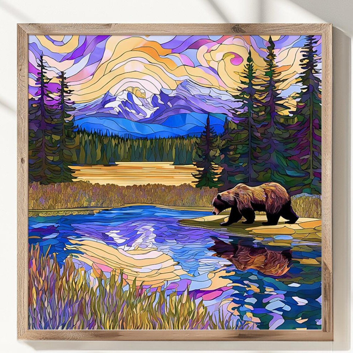 Curious Bear by Mountain Lake Stained Glass Style Wildlife Art Poster