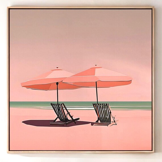 Serene Pink Beach Umbrellas Lounge Chairs Minimalist Art Poster