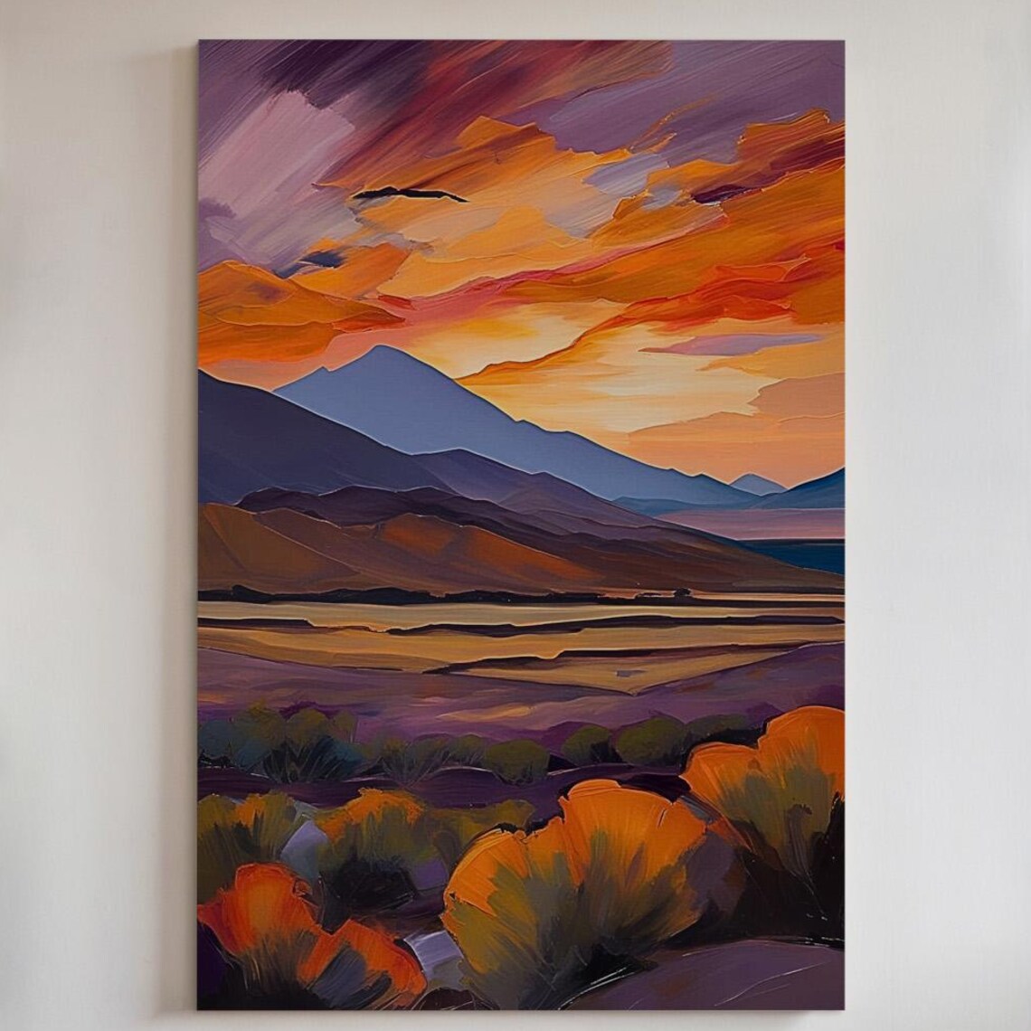 Desert Sunset Landscape Bold Southwestern Orange Sky Mountain Oil Poster