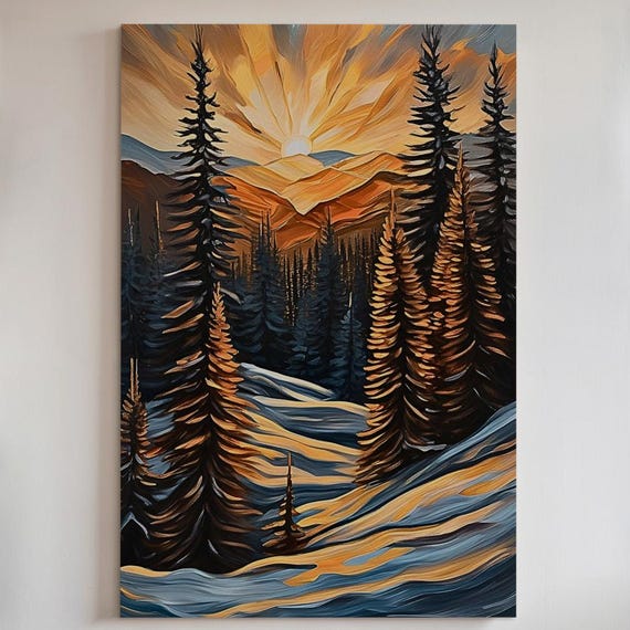 Golden Winter Sunset Canvas Print Or Poster Snowy Pine Forest Mountain Art 137