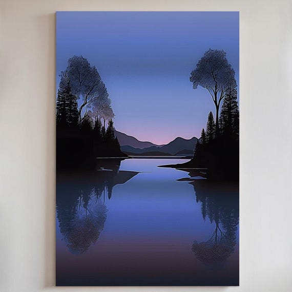 Mountain Lake Sunset Canvas Print Or Poster Serene Misty Blue Landscape Wall Art 188