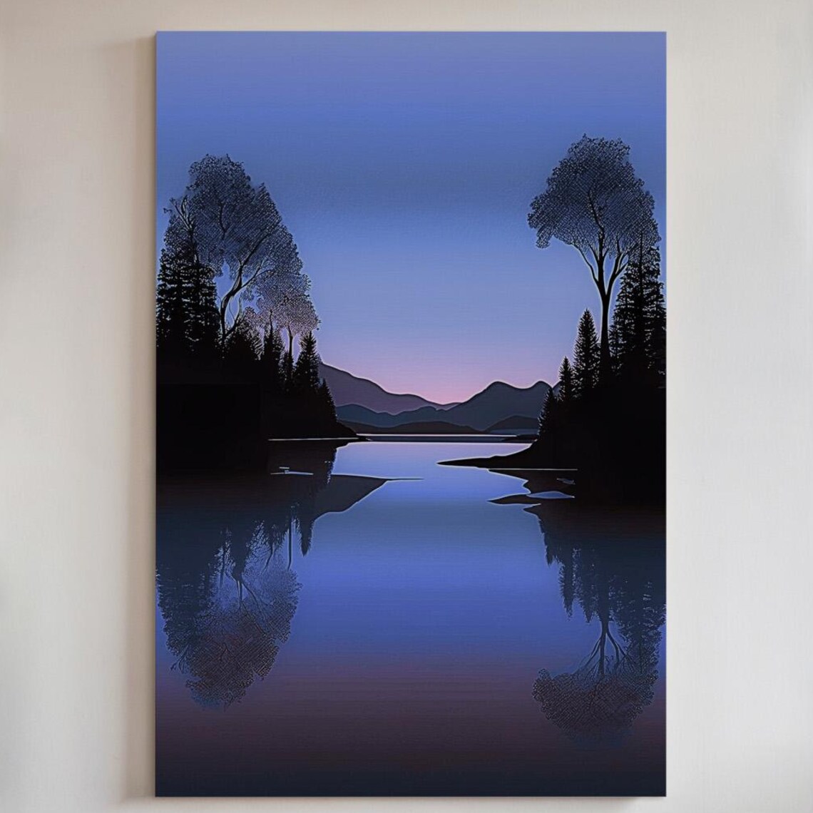 Mountain Lake Sunset Canvas Serene Misty Blue Dusk Reflection Art Poster
