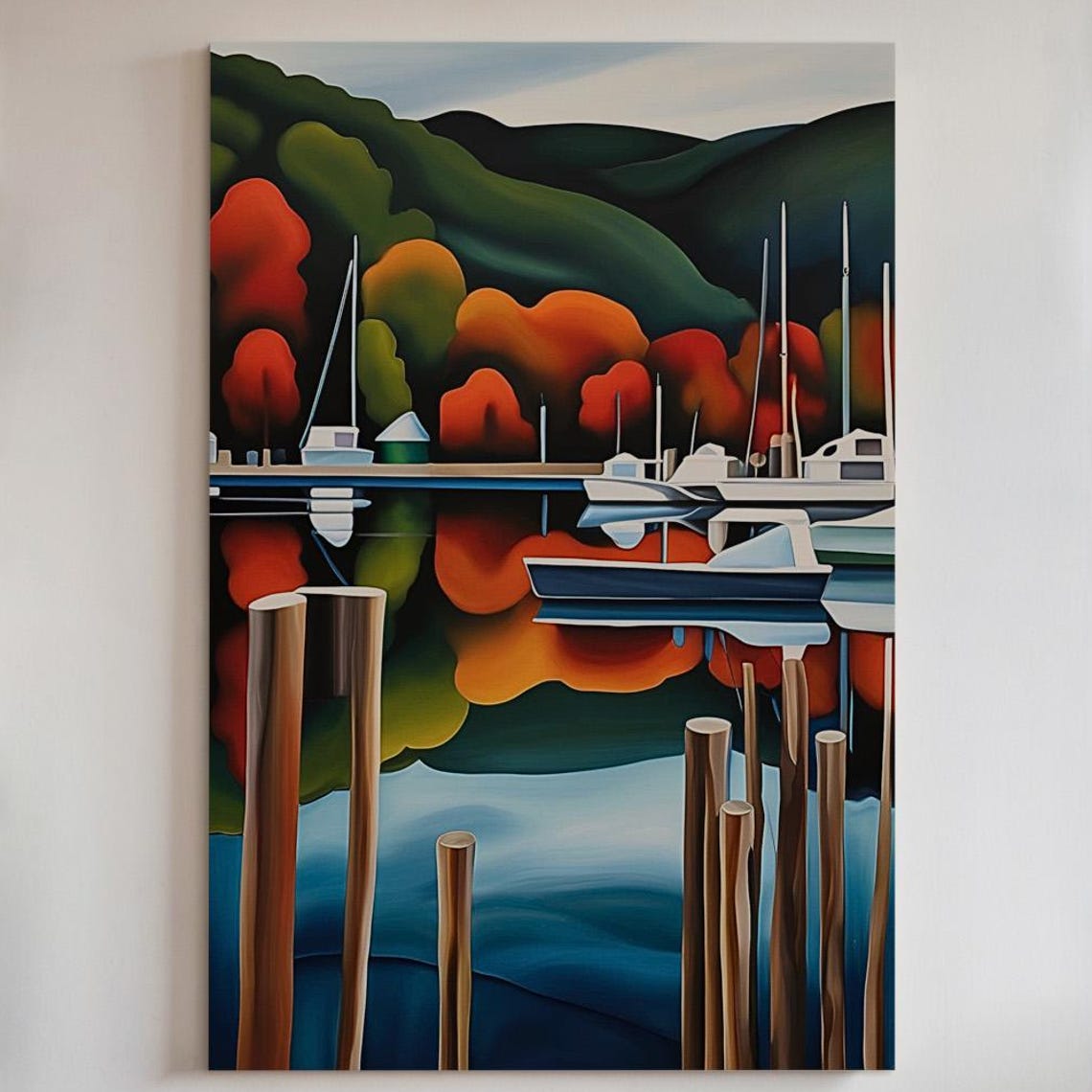 Autumn Harbor Canvas Print Or Poster Colorful Lake Boats Fall Foliage 143