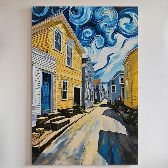 Colorful Coastal Street Yellow Houses Swirling Blue Sky Town Art Poster