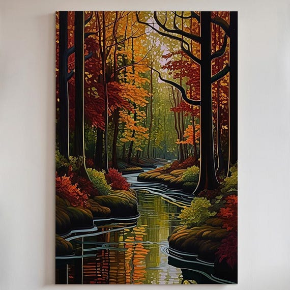 Autumn Forest Stream Wall Art Tranquil Canvas Print Or Poster 81