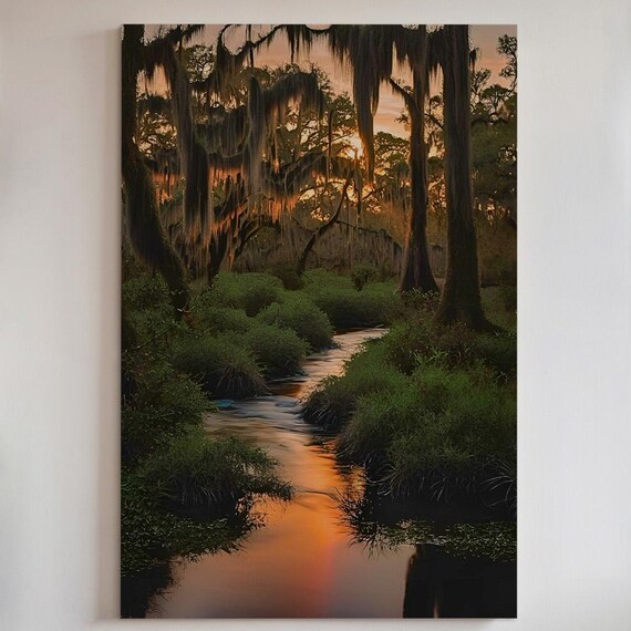 Sunset Over Swamp With Spanish Moss Art Print