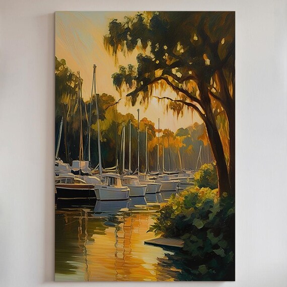 Southern Marina Sunset Sailboat Poster Oil Painting Golden Harbor at Dusk