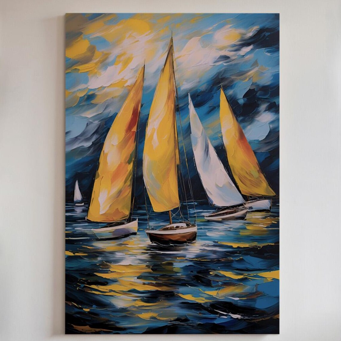 Gold White Sailboat Poster Regatta Oil Painting Blue Sea Nautical Art