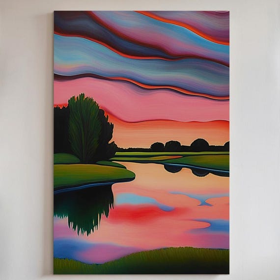 Sunset Lake Canvas Print Or Poster Colorful Nature Reflection Wall Art 239