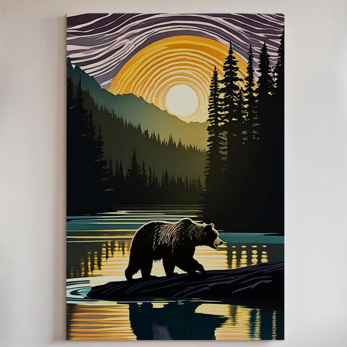 Sunset Bear Canvas Print Or Poster Stylized Wilderness Landscape Wall Art 208