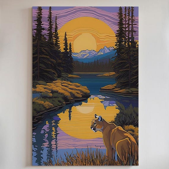 Mountain Lion Sunset Art Print, Wildlife Art