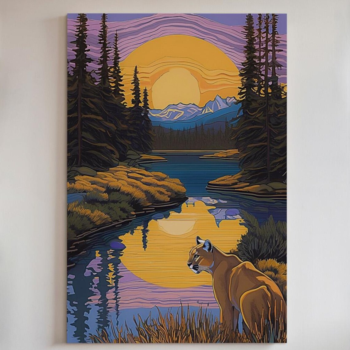 Mountain Lion Sunset Art Print, Wildlife Art