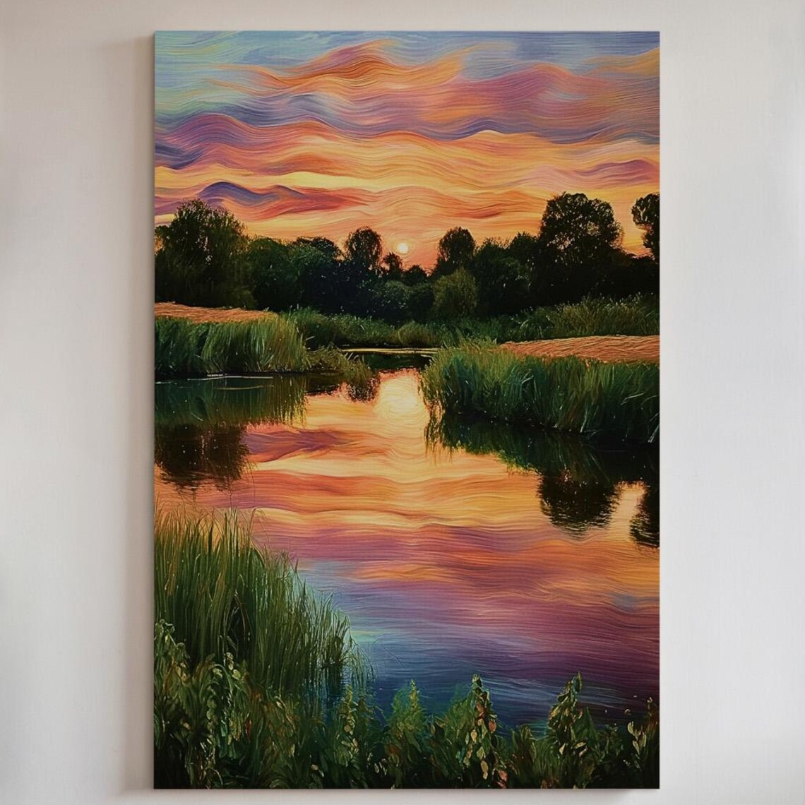 Sunset Pond Reflection Vibrant Marsh Landscape Colorful Sky Wall Art