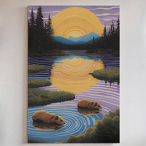 Beaver Sunset Lake Golden Reflection Wildlife Cabin Decor Poster