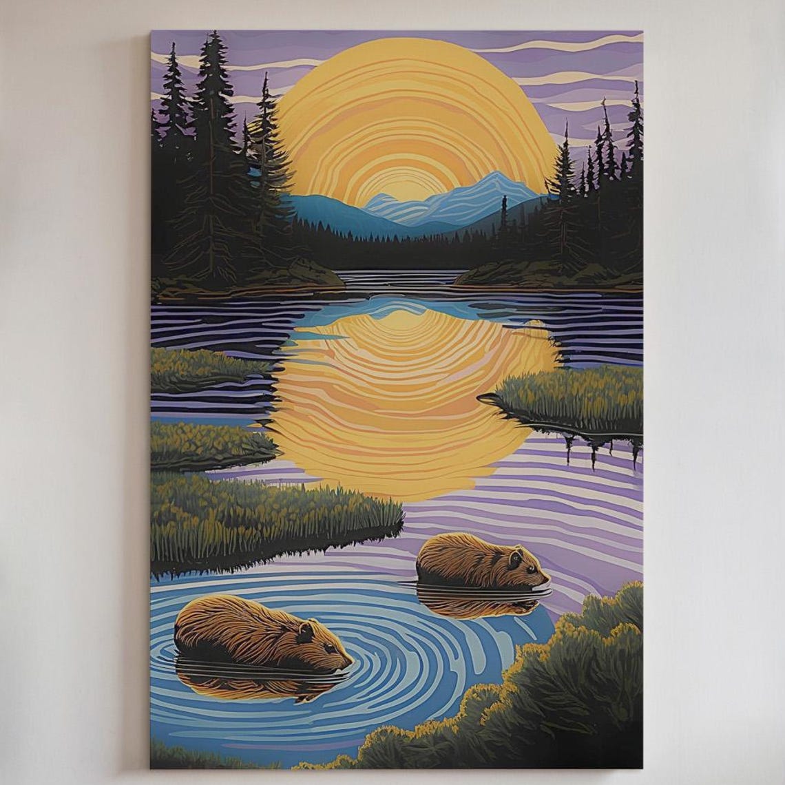 Beaver Sunset Canvas Art Print Or Poster Wildlife Lake Scene Cabin Nursery Decor