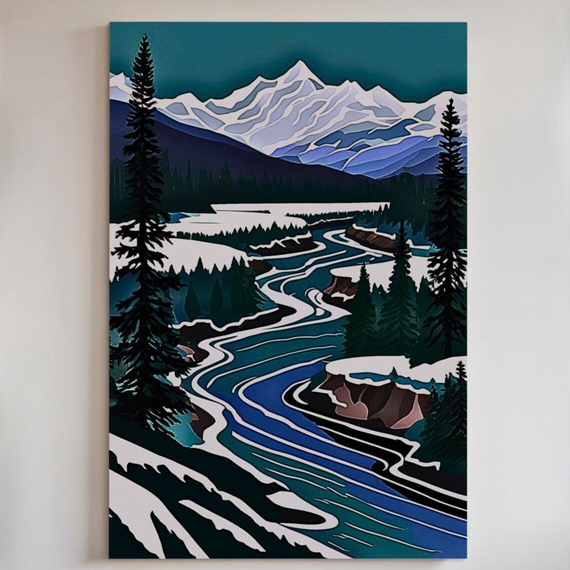 Blue Winter River Through Snowy Mountains Pine Forest Poster