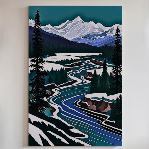 Modern Winter Landscape Art Print Or Poster Blue River Snowy Mountains 83