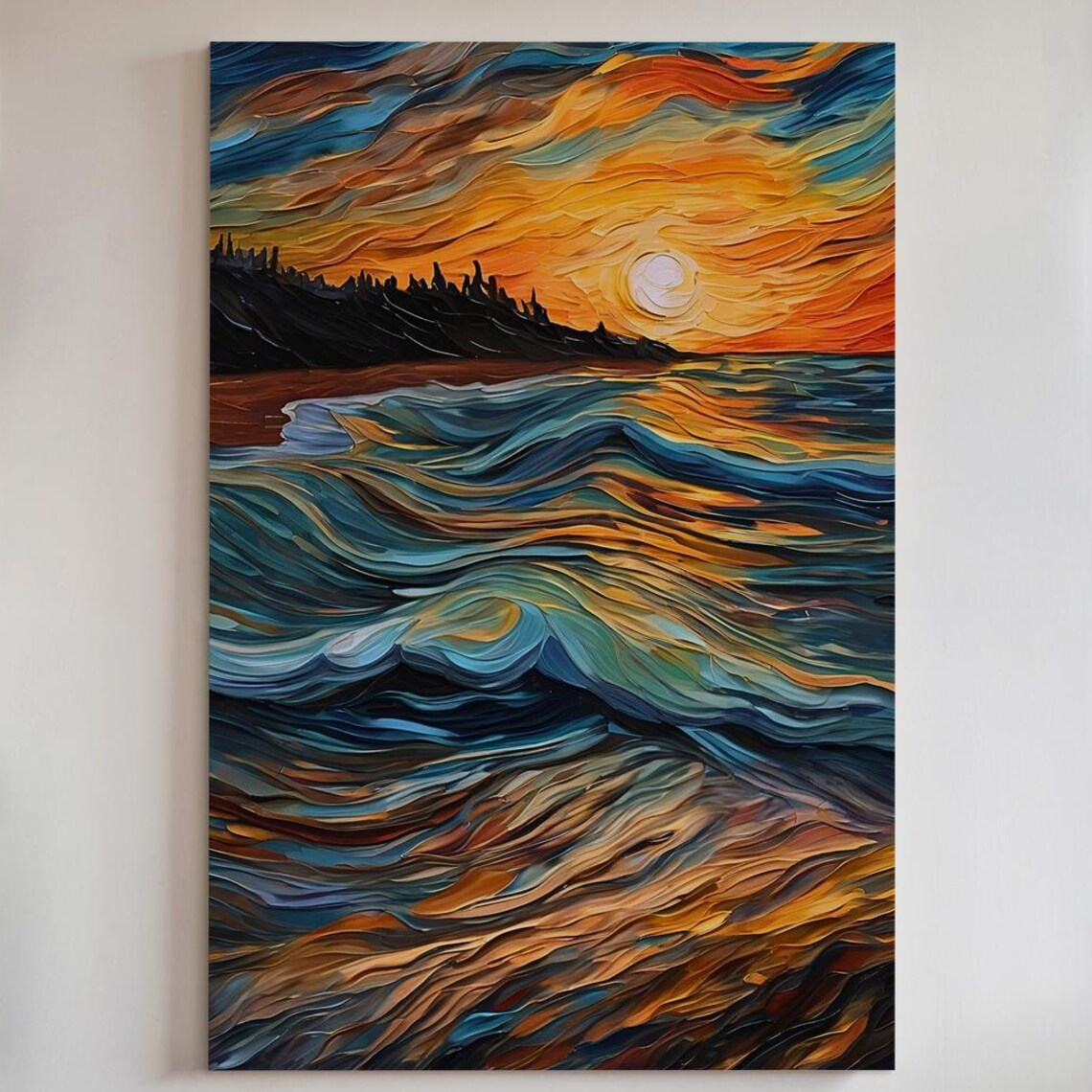 Abstract Textured Ocean Sunset With Swirling Waves Impasto Style Wall Art