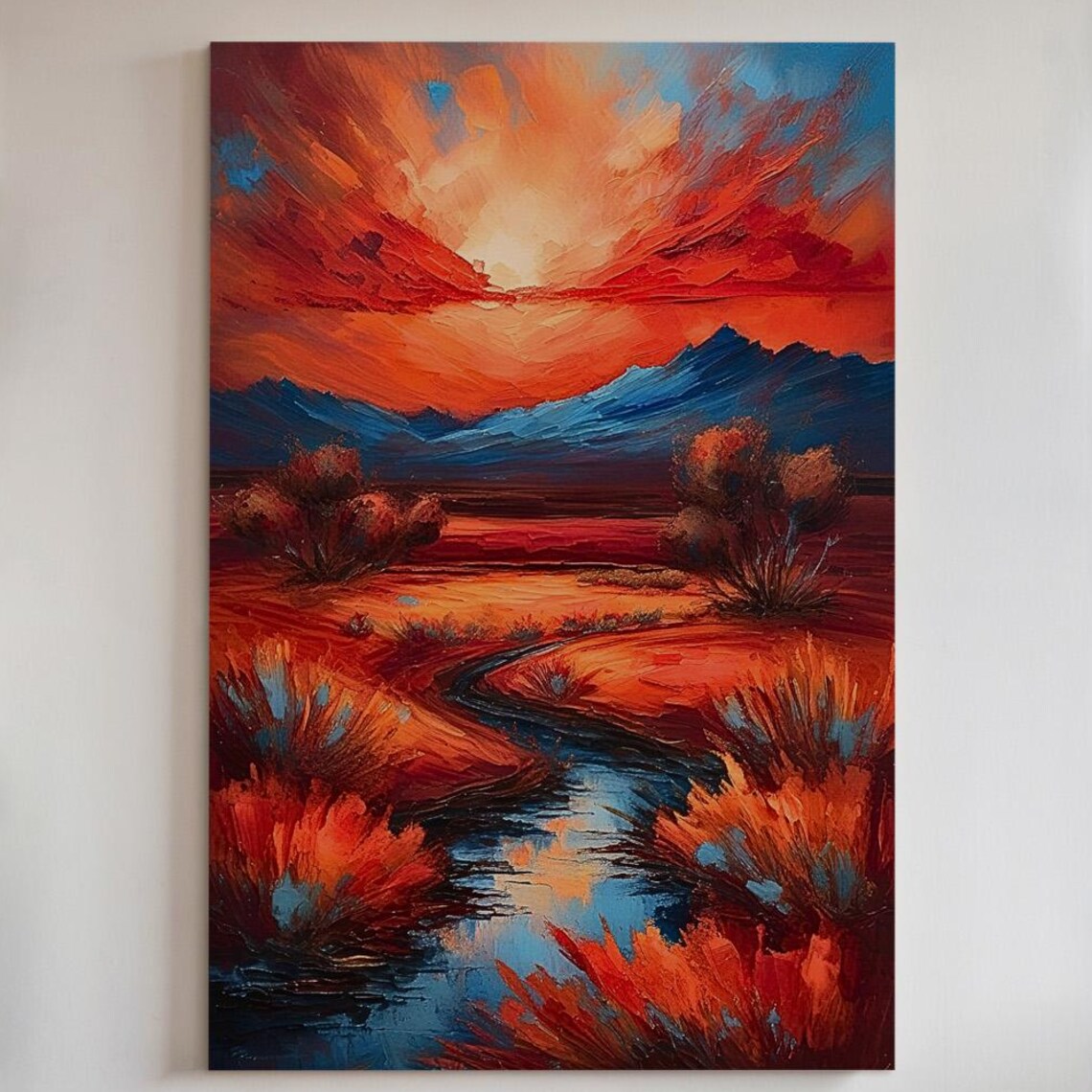 Fiery Red Desert Sunset Canyon River Painting Landscape Poster