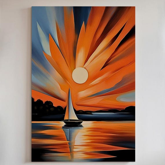 Sunset Sailboat Canvas Print Or Poster Abstract Nautical Coastal Wall Art 158