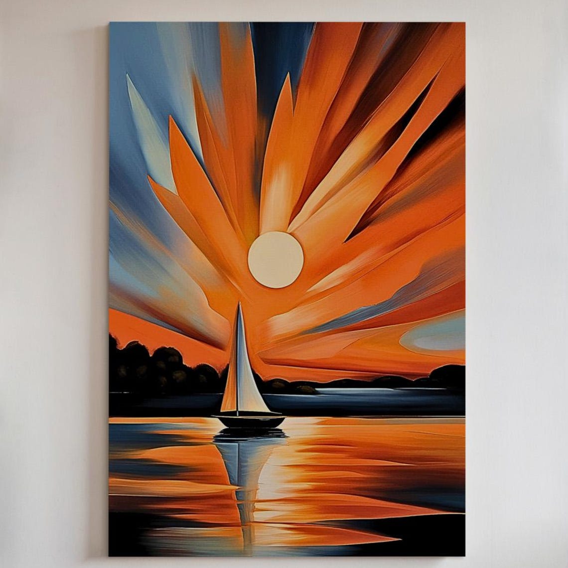 Sailboat Sunset Dramatic Orange Sky Ocean Reflection Art Poster