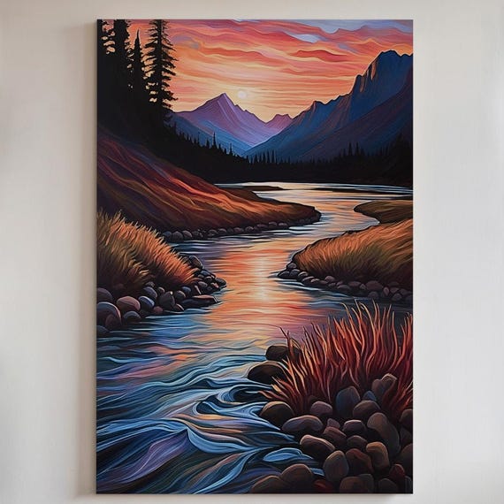 Mountain River Sunset Canvas Art Colorful Landscape Print Or Poster 218