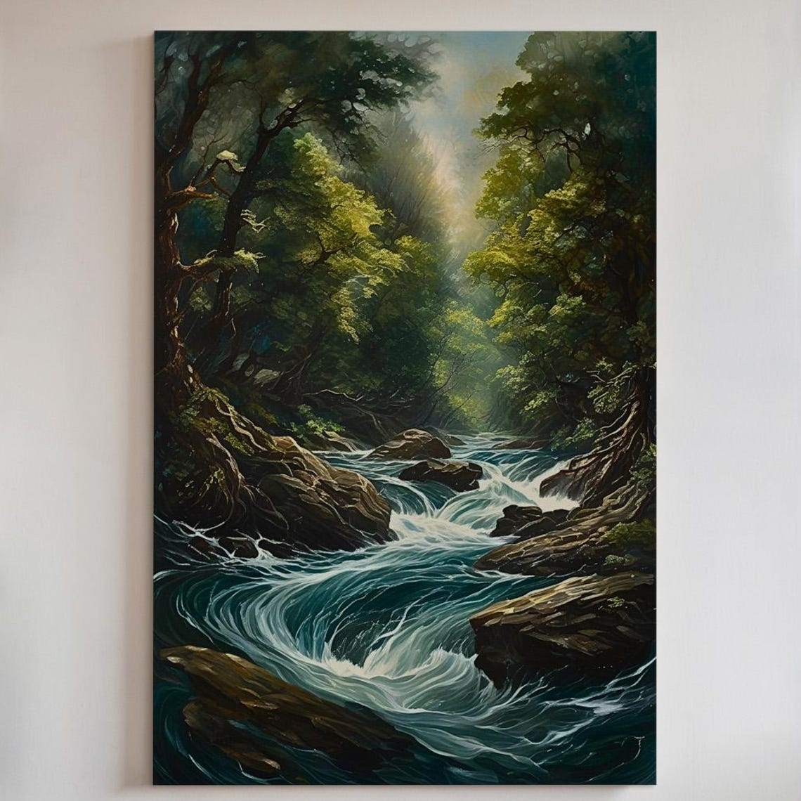 Mystical Forest River Rapids Watercolor Nature Painting Poster