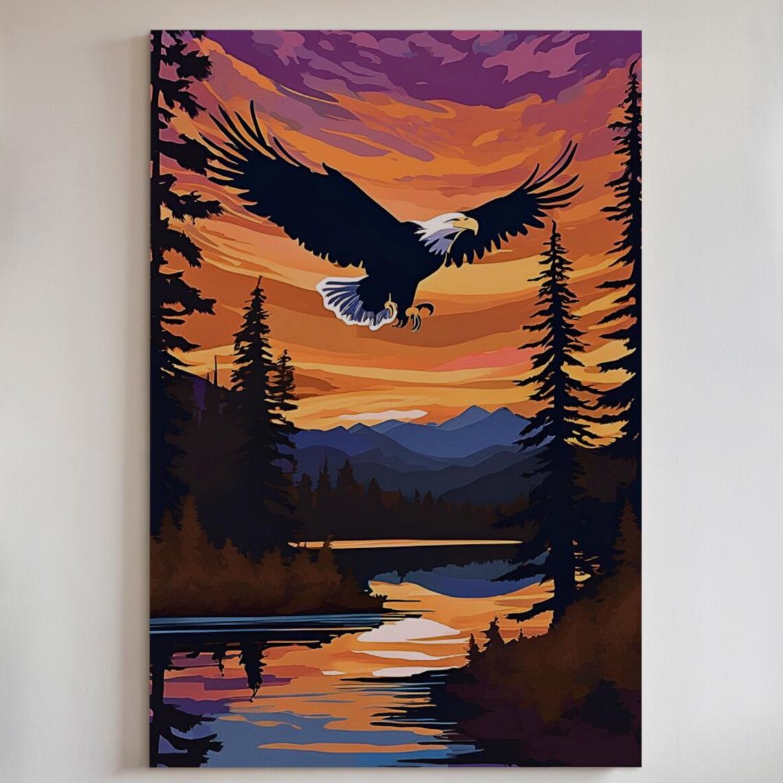 Bald Eagle Art Print, Purple Skies Mountain Lake