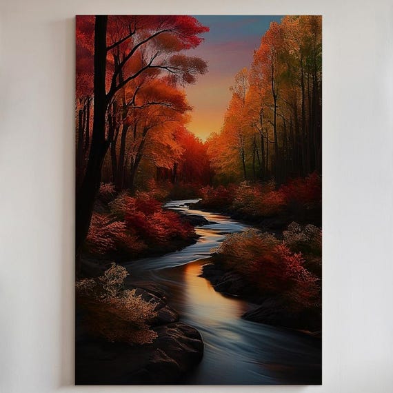 Autumn Forest Stream Canvas Art Print Or Poster Landscape Wall Decor 77