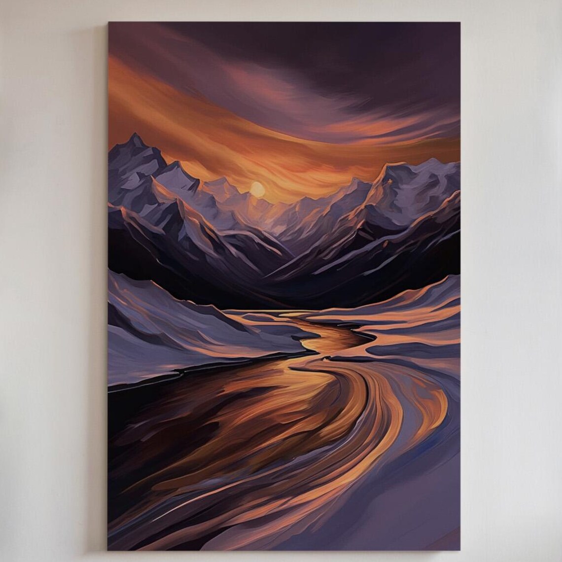 Winter Mountain Sunset Valley Golden River Snow Landscape Art Poster