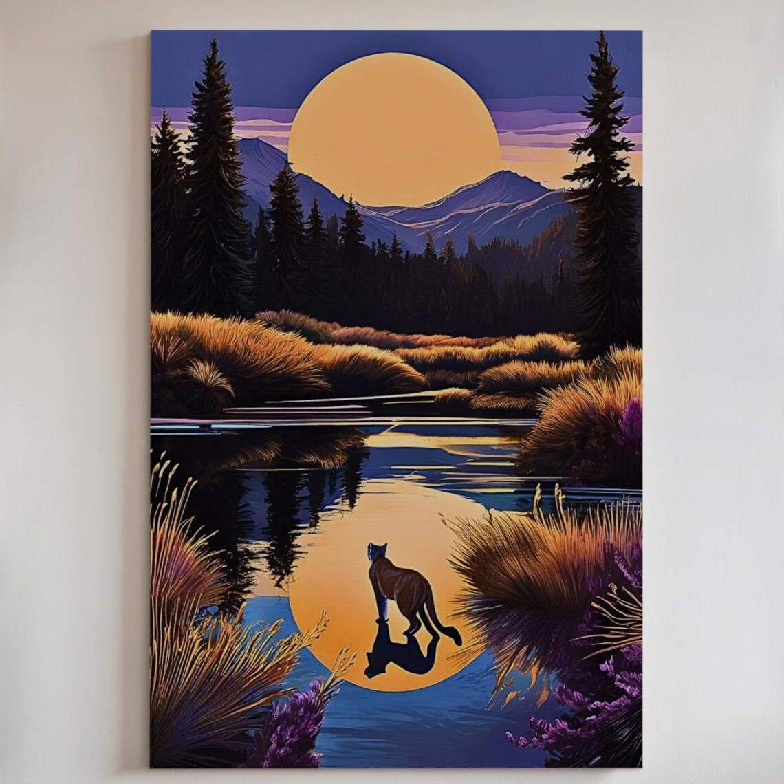 Mountain Lion Moonlit Lake Mystical Wildlife Night Sky Poster