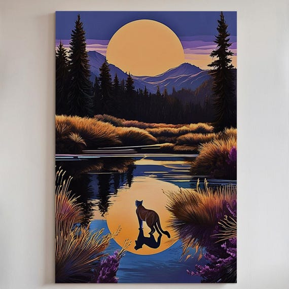 Mountain Lion Moonrise Canvas Print Or Poster Mystical Wildlife Art 206