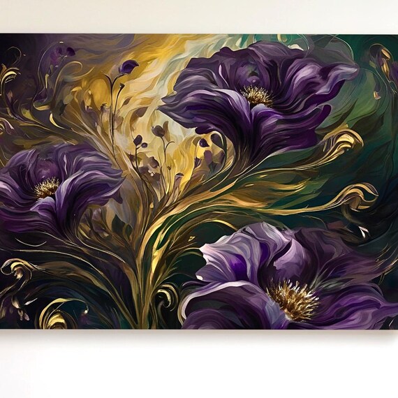 Purple And Gold Floral Canvas Print Or Poster Elegant Botanical Wall Art 89