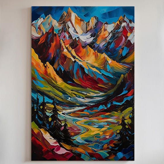 Abstract Mountain Landscape Art Canvas Print Or Poster Bold Colors Modern Nature Decor 178