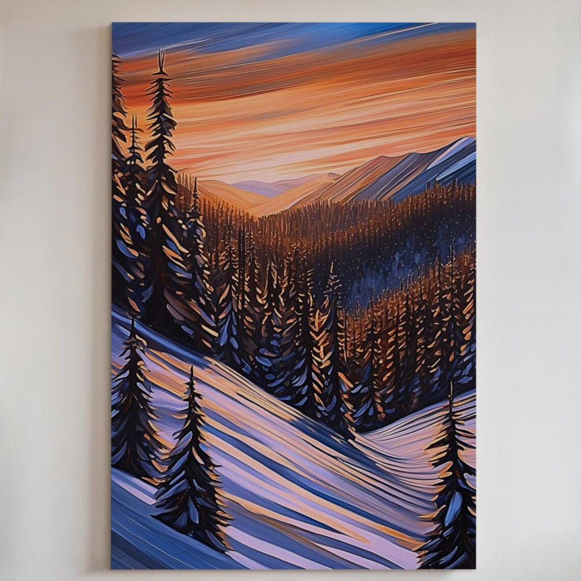 Winter Sunset Mountain Canvas Impasto Snowy Pine Forest Landscape Poster