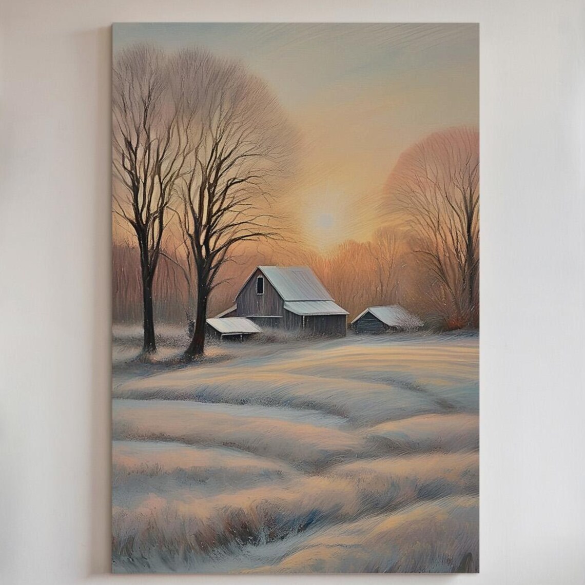 Snowy Winter Barn at Sunset Rustic Farmhouse Landscape Poster