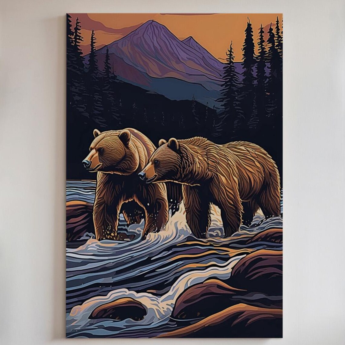 Grizzly Bears Fishing - Mountain Sunset Wildlife Art Print