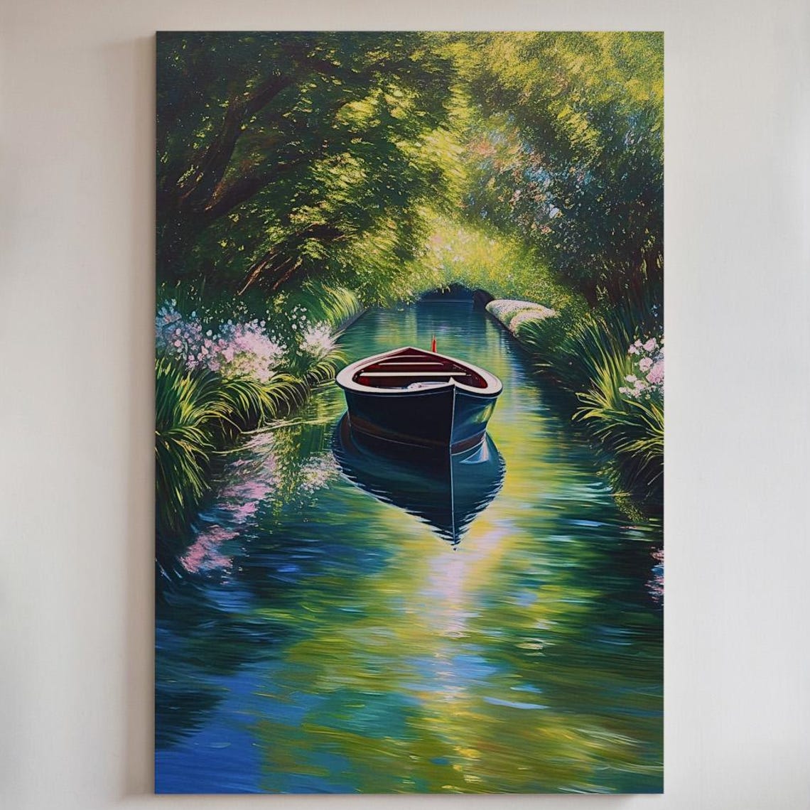 Rowboat on Green Canal Tree Lined Dappled Light Painting Poster