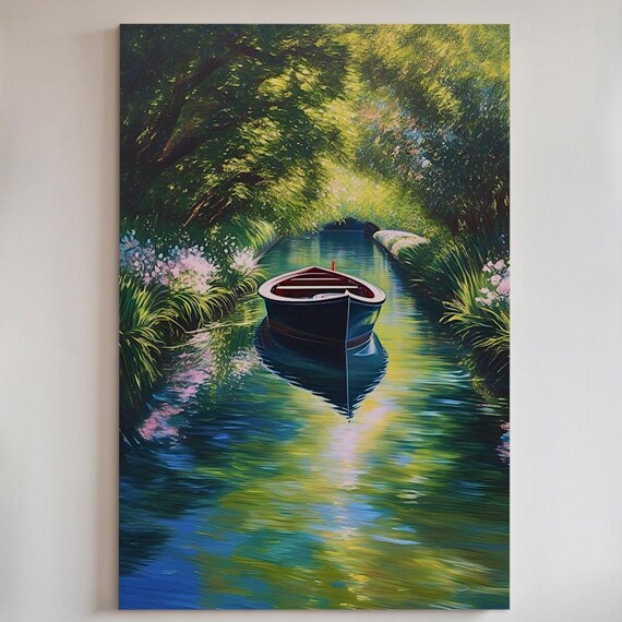 Rowboat on Green Canal Tree Lined Dappled Light Painting Poster