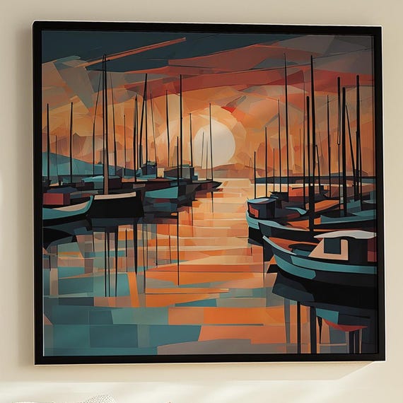Golden Harbor Sunset Art Abstract Nautical Canvas Print Or Poster 32