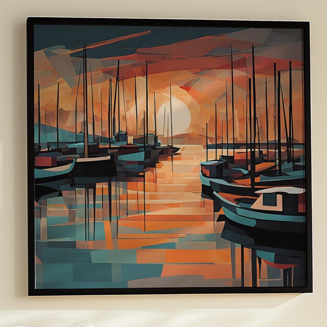 Golden Harbor Sunset Abstract Nautical Geometric Sailboat Canvas Art Poster