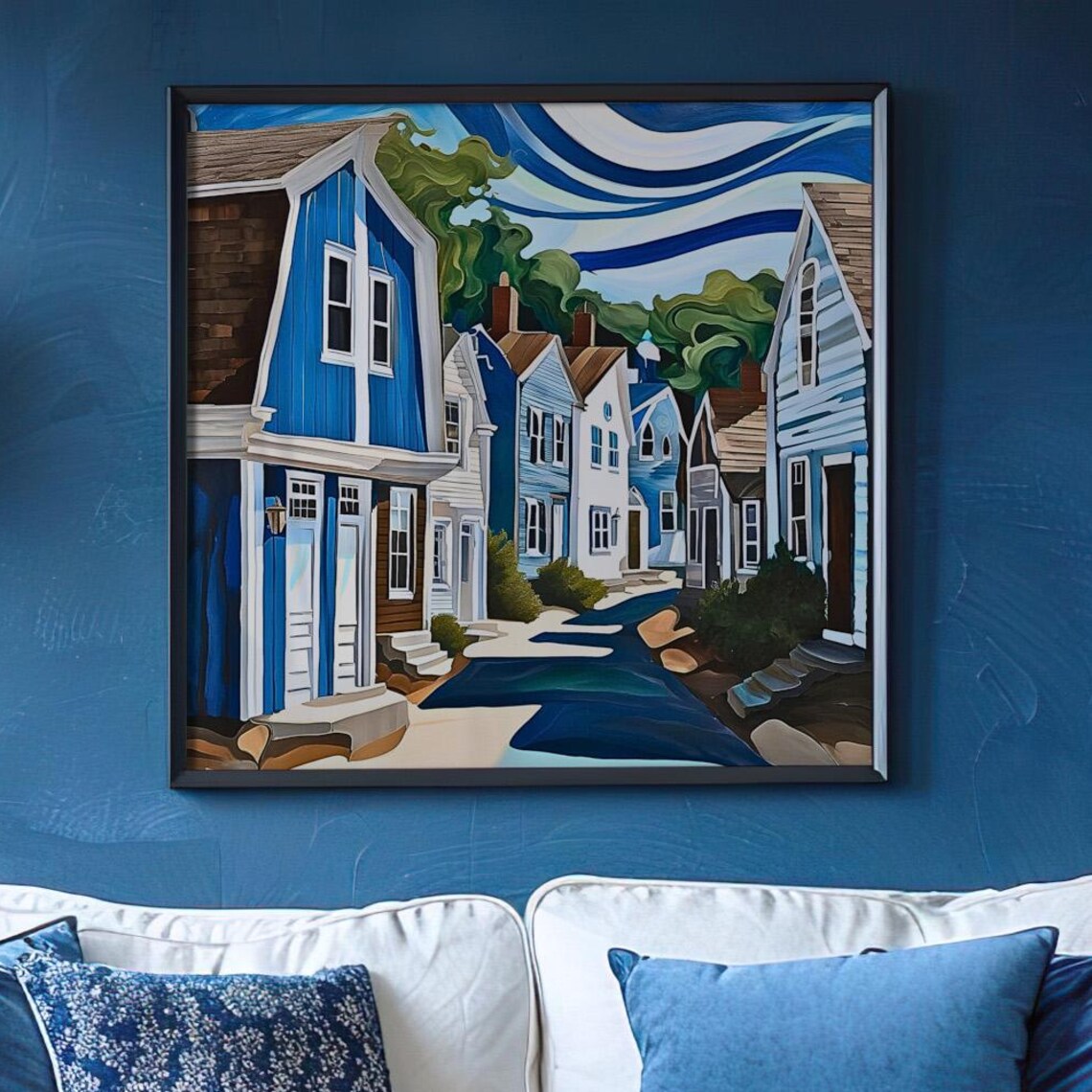 Coastal Village Street Blue Seaside Houses Stylized Sky Art Poster