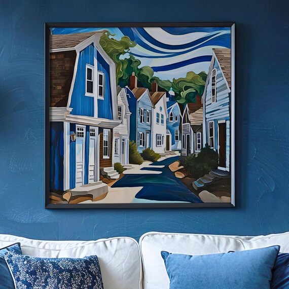 Coastal Village Street Blue Seaside Houses Stylized Sky Art Poster