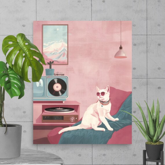 White Cat With Sunglasses At Vinyl Record Player Retro Pink Room Poster