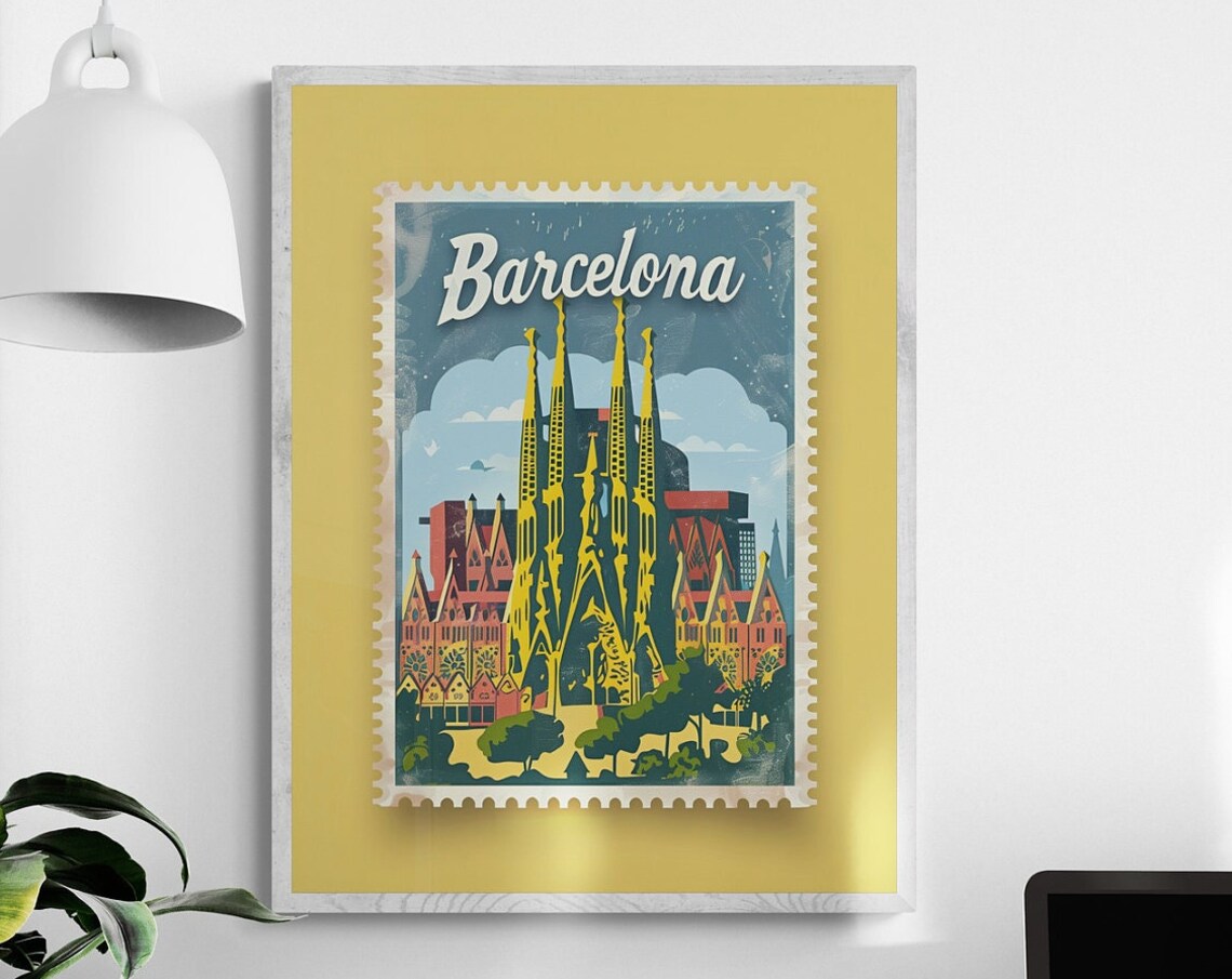 Barcelona Sagrada Familia Cathedral Stamp Style Spain Travel Poster